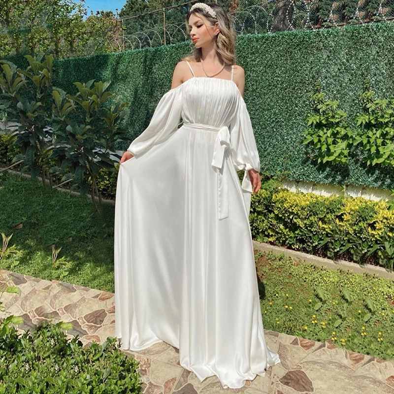 À venda simples marfim vestidos de casamento fora do ombro mangas compridas vestidos de casamento espaguete correias arco cinto vestidos de noiva 2021 novo