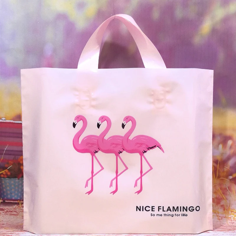 50Pcs/Lot Big Sizes Plastic Shopping Bags New Design Flamingo Printing Gift Bags Clothes Shop Packaging Bags with Handle 5 Sizes