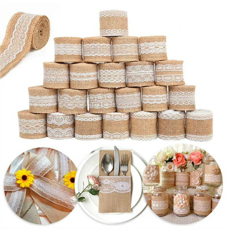 Lunghezza 2m tela di lino naturale Gadget di iuta forniture per feste per eventi tovaglia da tavola tovaglia da tavola in pizzo di natale Runner 5cm
