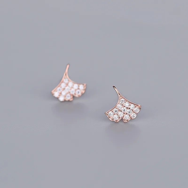 925 Sterling Silver Pavé Zircon Ginkgo Leaf Earrings for Women Simple Small All-match Ear Jewelry Gift