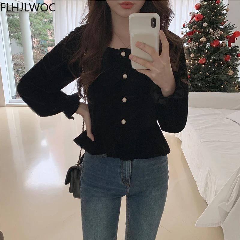 Black Chic Korea Cute Velvet Short Tops Blusas Women Long Sleeve Elegant Office Lady Winter Spring Button Basic Shirts Blouses