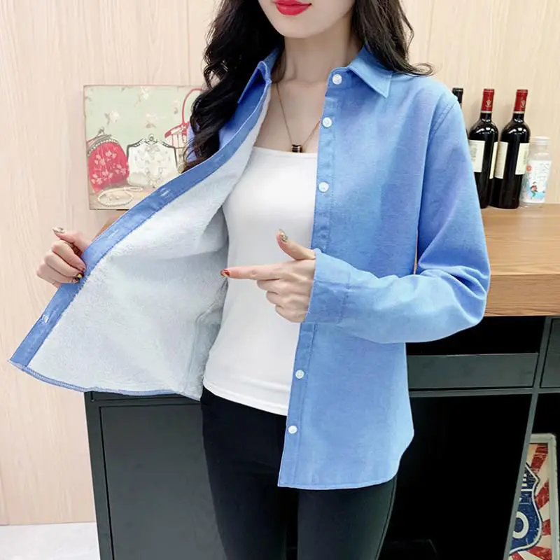 8XL Winter Women Thick Fleece Shirt 2024 Solid Female Long Sleeve White Fleece Work Shirt Tops Blouse Autumn Clothes