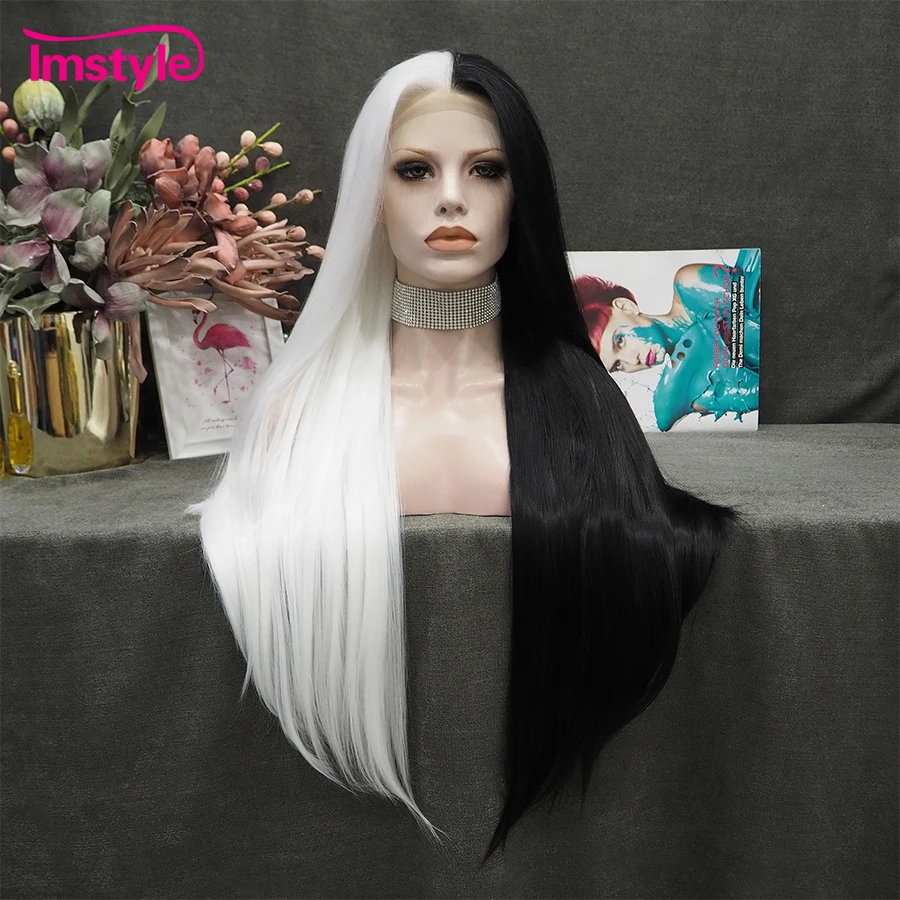 

Imstyle Synthetic Lace Front Wig Half White Half Black Wig Heat Resistant Fiber Long Straight Hair Cosplay Wigs For Women