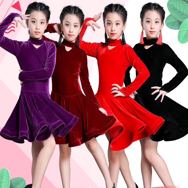 Children girl wine velvet latin dresses Gymnastics Dancewear Competition Dancing Costume Child ballroom Dance Dress For Girls