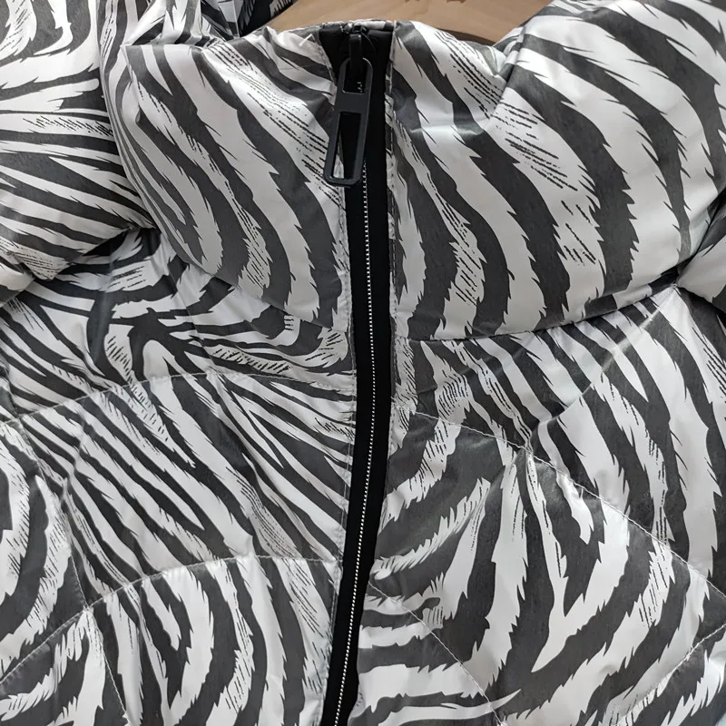 Zebra Print Down Jackets Women High Quality Short Parkas Zipper Loose Fashion Hooded Cotton Coat Female Thick Warm Winter Jacket