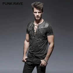 PUNK RAVE Steampunk Black Soilder Man Open Collar Short Sleeve Cotton T-shirt Heavy Metal Rock Top   Tees Tied Rope