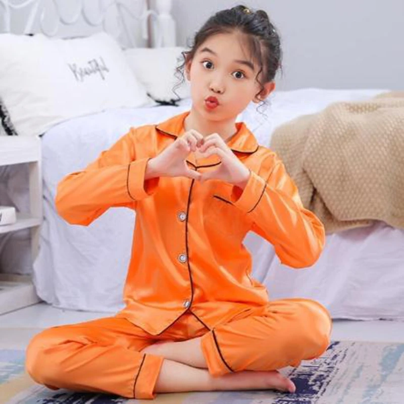 New Button-Down Spring Autumn Children Satin Pajamas Sets Kids Girls Solid Silk Long Sleeve 2 Pieces Tops+Pants Sleepwear Pyjama