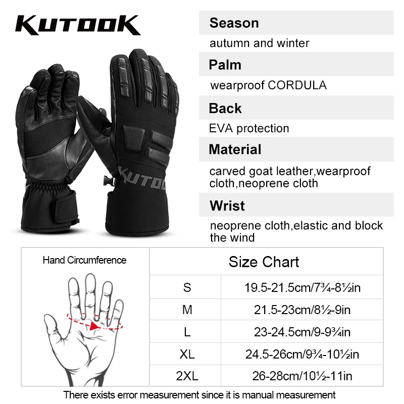 KUTOOK Ski Gloves Goatskin Leather Winter Snow Gloves Waterproof Snowboard Gloves Thermal Outdoor Skiing Sports Windproof