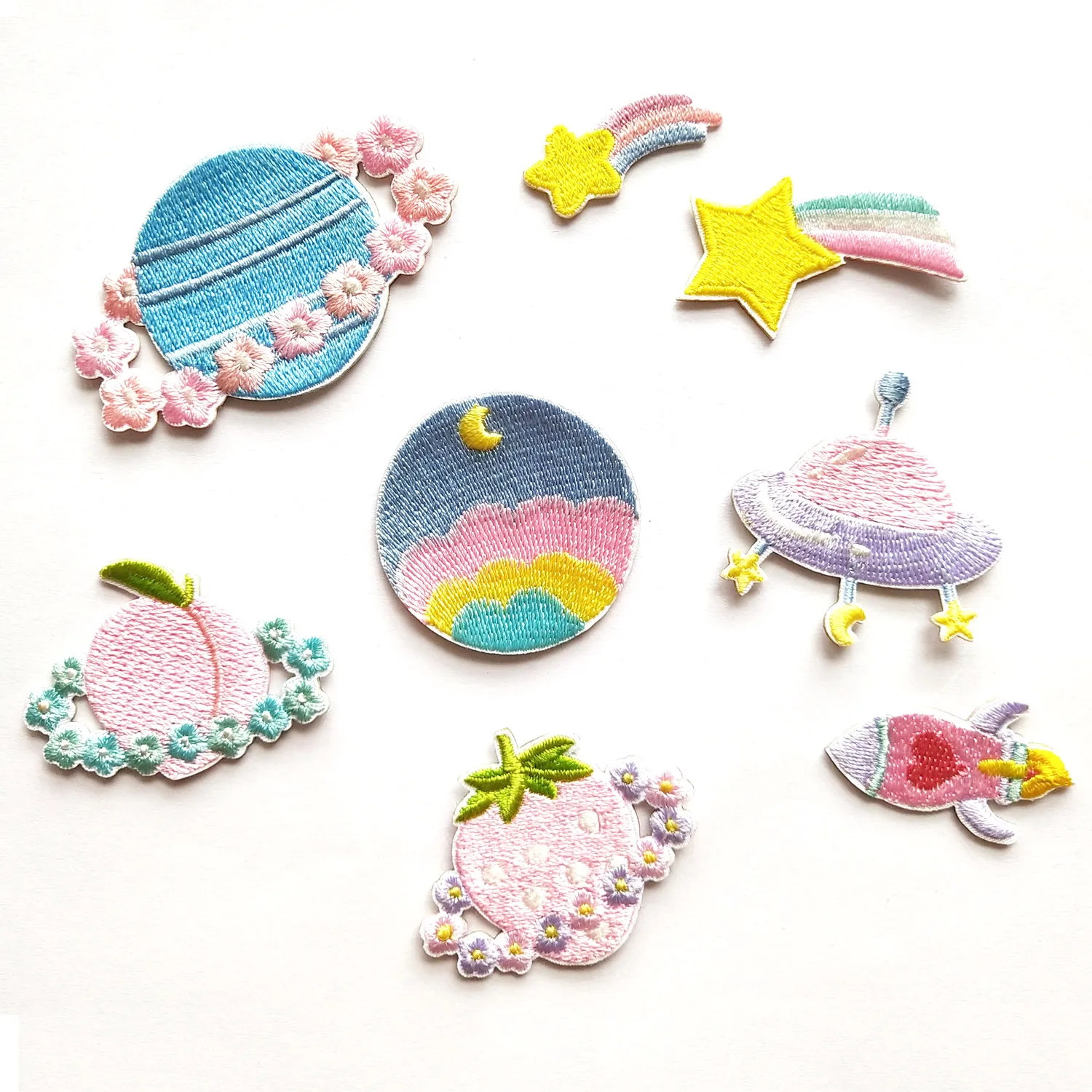 Self-adhesive Cartoon Planet Meteor Rocket Space Embroidered Sticker Patchse for Clothing Appliques Iron on Clothes Stripes Diy