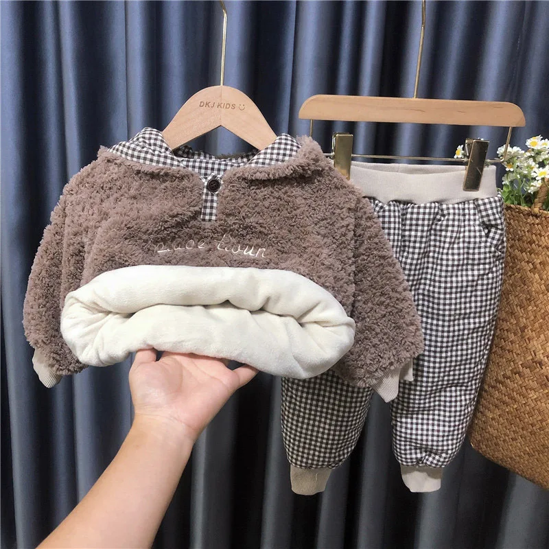 

Faux Lambswool Kids Clothing Sets Winter Thick Warm Boys Girls Snowsuits Cotton Padded Velvet Hoodies Coats+Plaid Pants 2Pcs