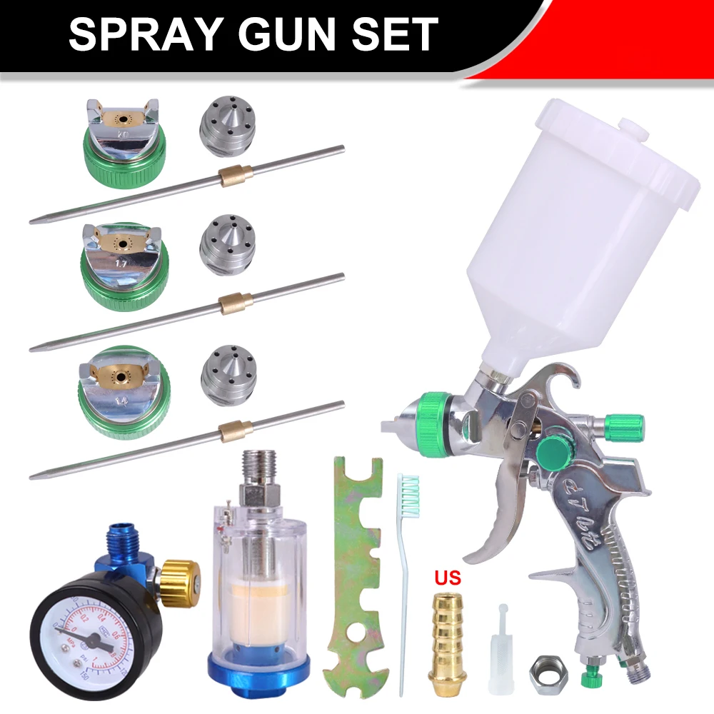 Professional HVLP Spay Gun 1.4/1.7/2.0mm Nozzle Gravity Airbrush +Pressure Regulator + Water And Oil Separator Set