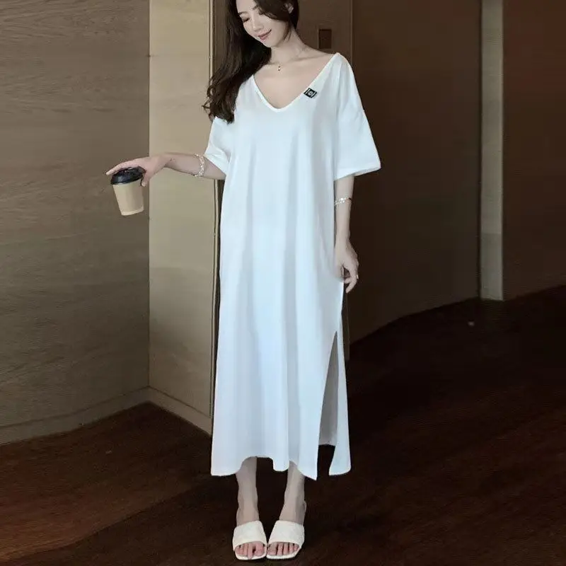 Vestido largo por encima de la rodilla de estilo perezoso para mujer, camiseta sexy con espalda descubierta y cuello en V