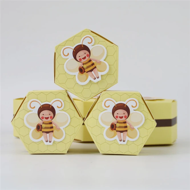 

50PCS/LOT Little bee design Hexagon wedding Party Paper Candy Box for Baby Shower Gift Boxes Birthday Party Decor Kids Favors