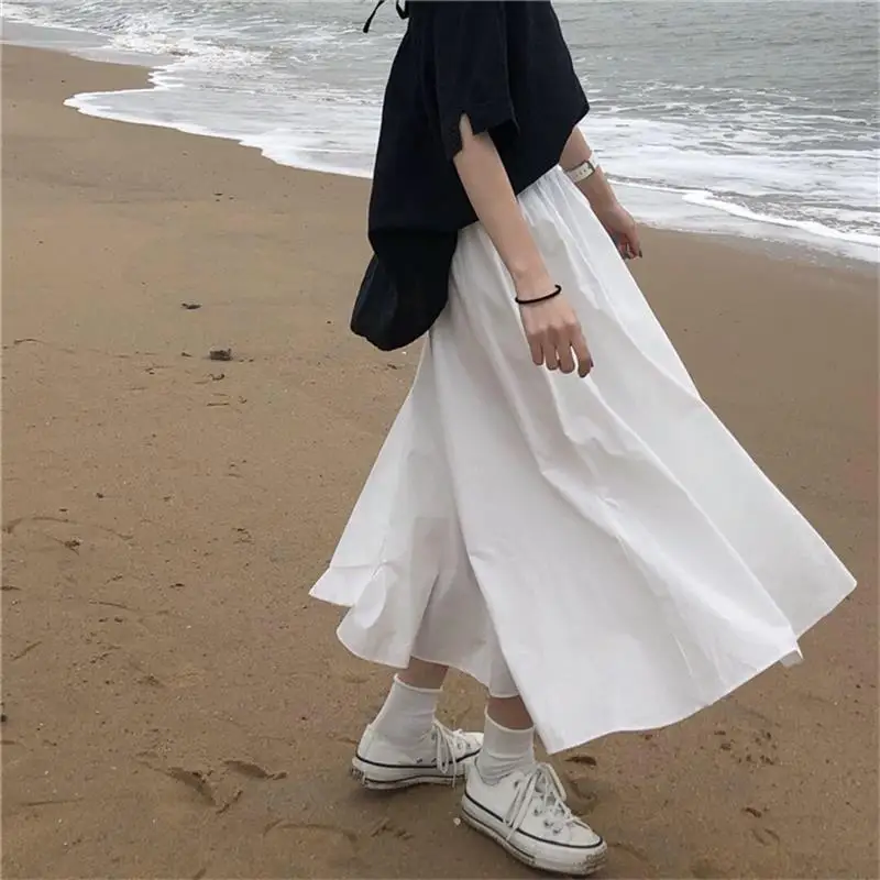 Ladies High Belt White Skirt Summer New Pure Color Simple Binding Design Fashion Casual Thin A-Word Skirt Half Skirt