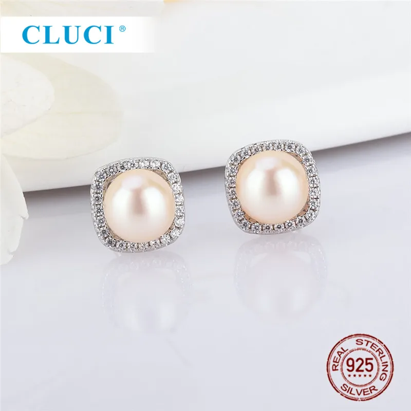 CLUCI Echt 100% Sterling Silber 925 Ohrringe Platz Zirkon Perle Stud Ohrringe Armaturen für Frauen SE151SB