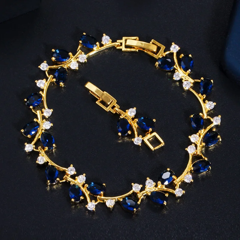Pera Elegant Leaf Dazzling Green CZ Stone Yellow Gold Color Tennis Charm Bangle Bracelets for Women Pageant Party Jewelry B179