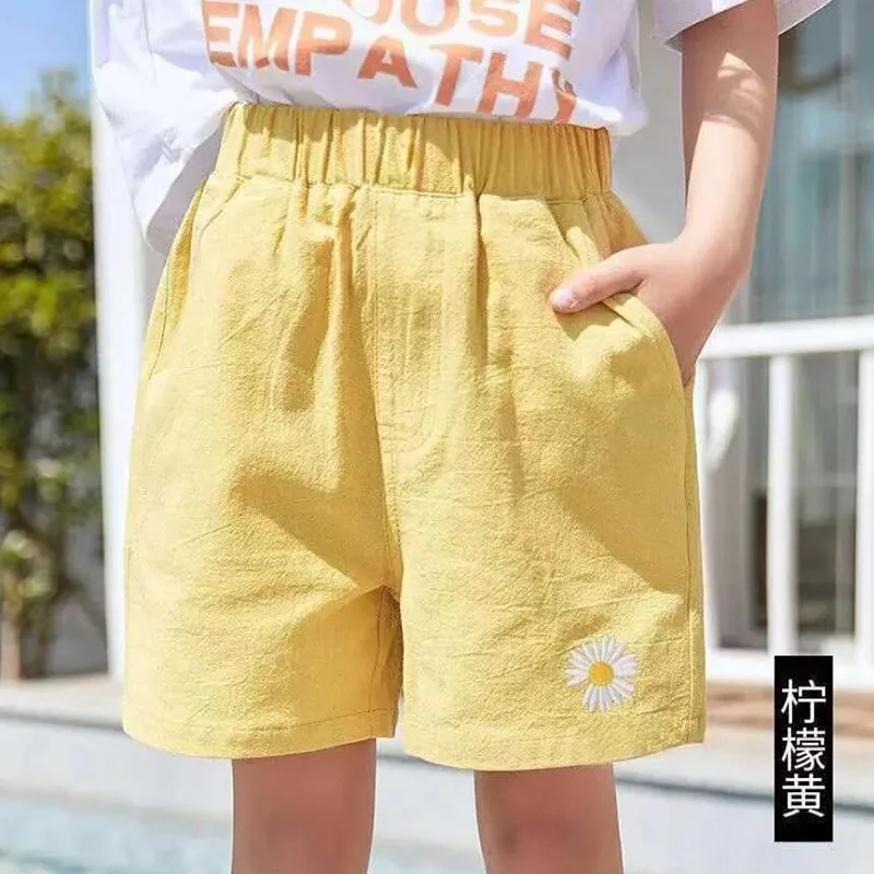 Summer Korean Children Cotton Linen Shorts For Little Girls Yellow Purple Shorts Short Pants Clothes 1 2 3 4 5 6 to 10 Years Old