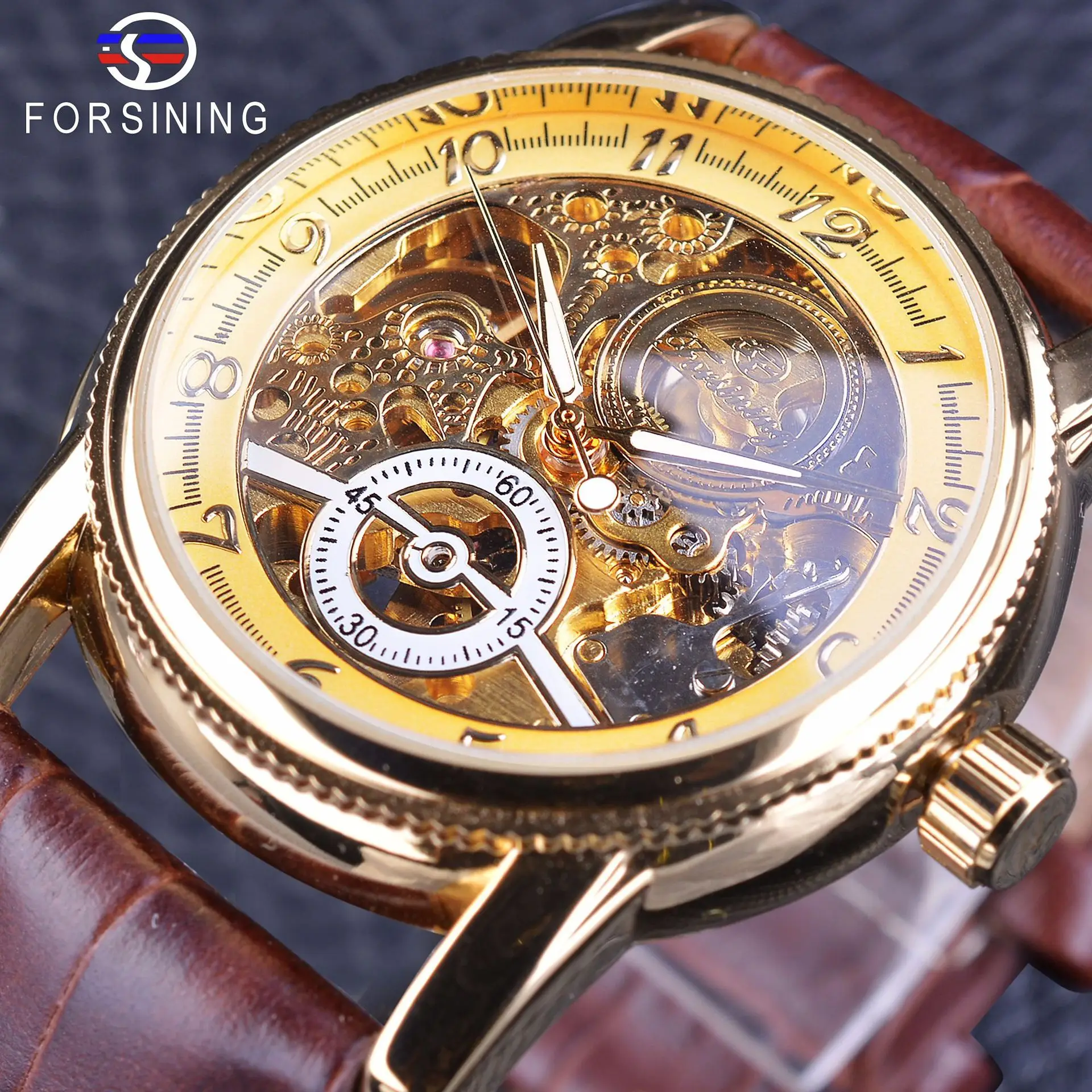 

Luxury Winner Brand Golden Case Casual Design Brown Leather Strap Mens Watches Hollow Out Mechanical Skeleton Transparent Watch