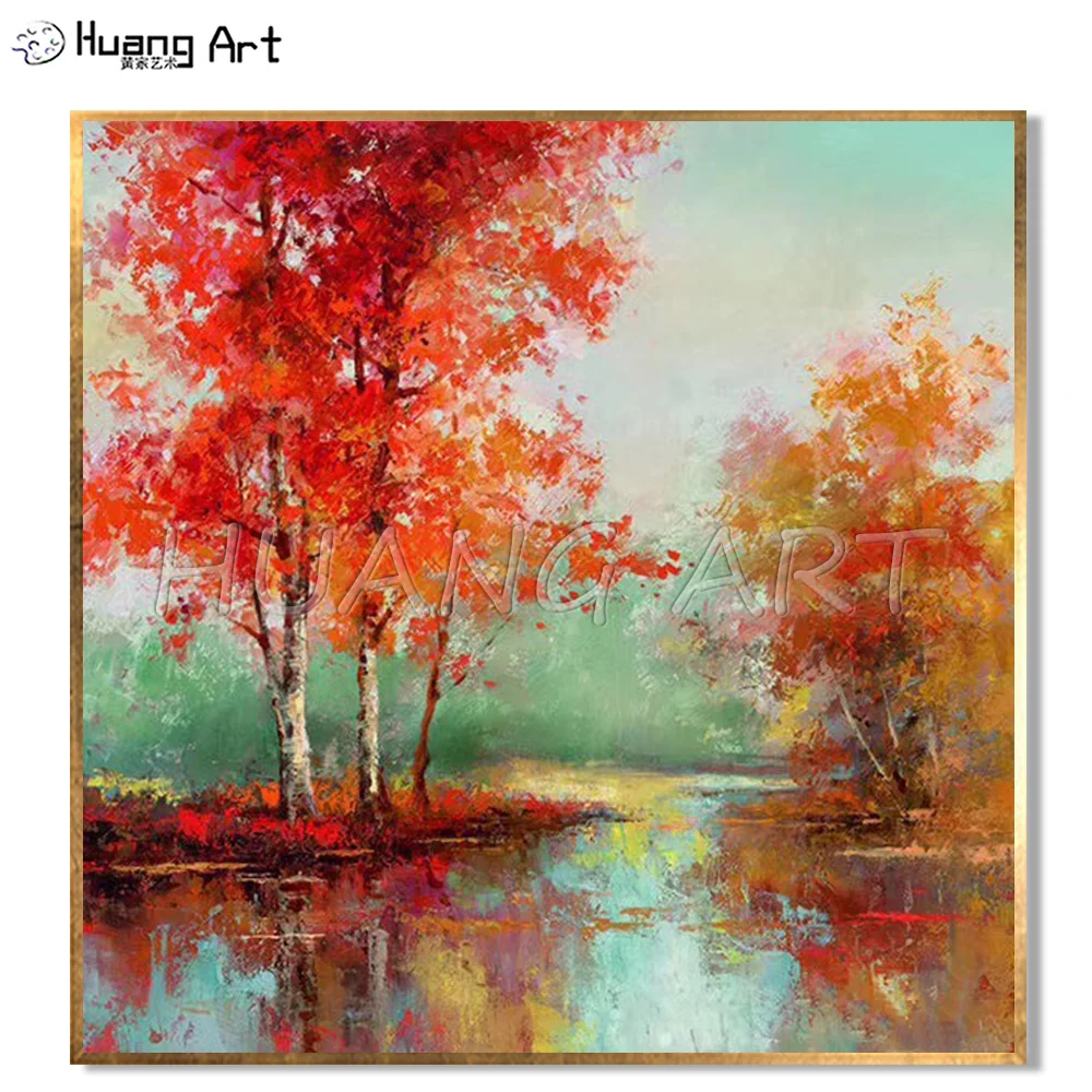 

Autumn Landscape Hand-painted Red Tree Landscape Oil Painting on Canvas for Living Room Decor Modern Impression Oil Painting