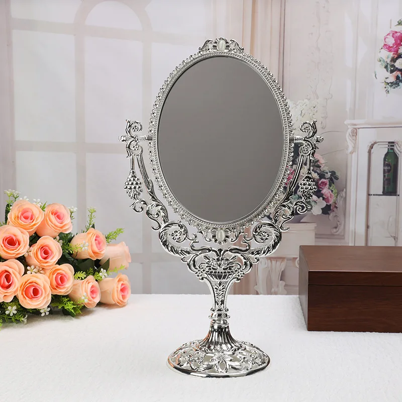 

vintage retro oval 360 rotating compact mirror double face desktop table makeup cosmetic dresser mirror embossed cut-out 331B