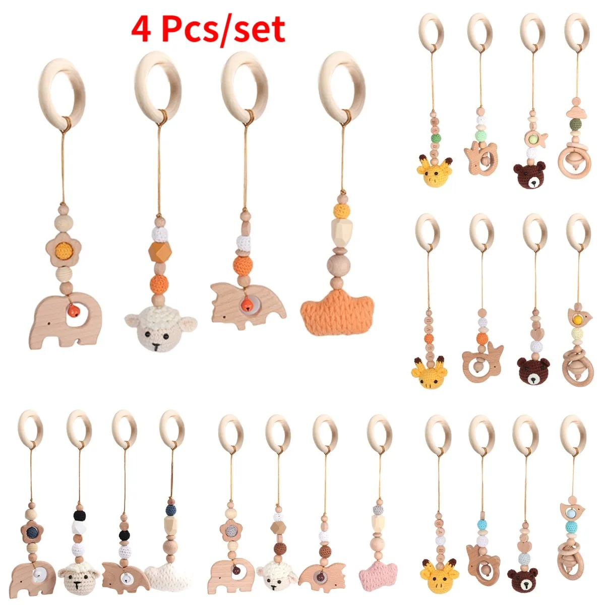 Baby Play Gym Frame Wooden Beech Activity Gym Frame Stroller Hanging Pendants Toys Teether Ring Nursing Rattle Toys Room Decor