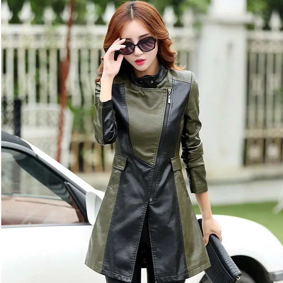 M-5XL Leather Coat Jacket Women Fashion Slim Patchwork Long Female Jacket High Quality PU Motorcycle Autumn Winter Outerwear