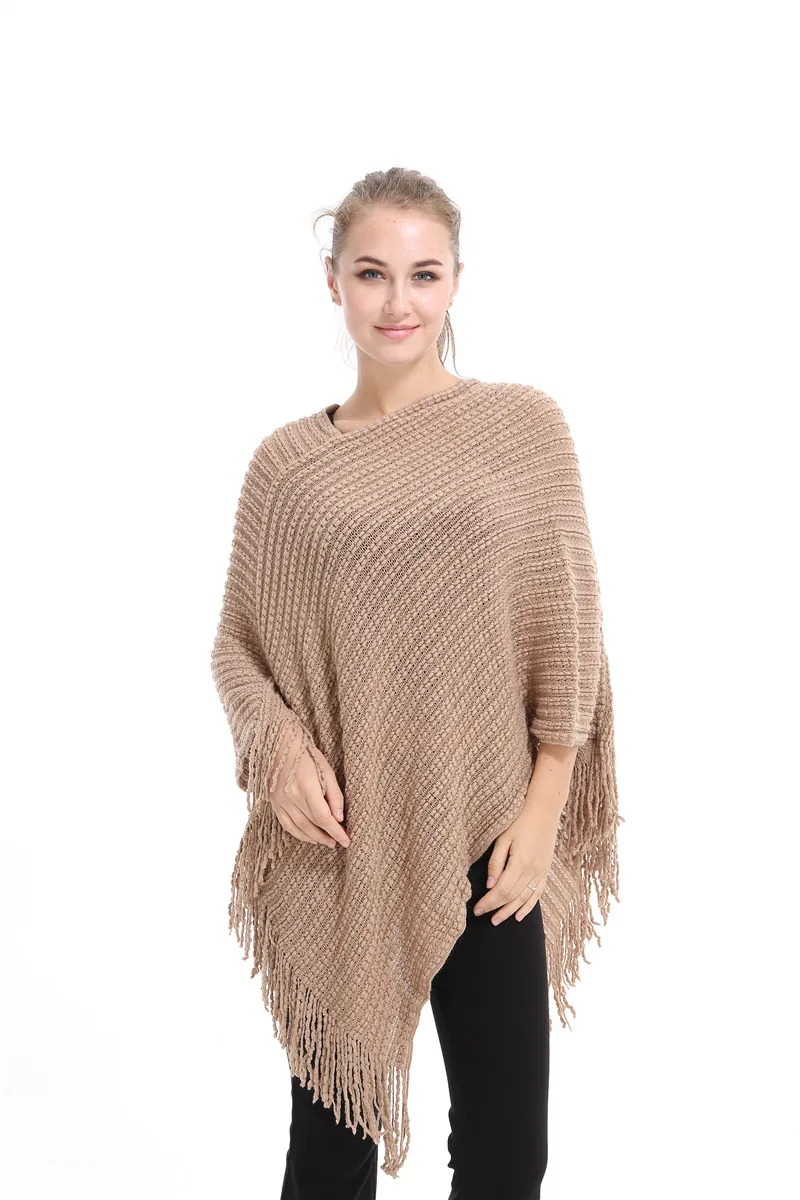 Casual de malha feminina poncho mais sólido cachecol listrado camisola inverno borla fina primavera blusas batwing manga poncho e capa