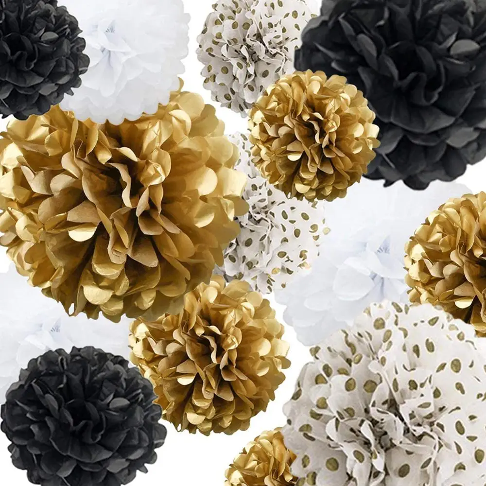 DIY Tissue Paper Pom Poms Flowers for Wedding Birthday Party Baby Shower Decoration Handmade Gold White Haning Paper Ball Decor