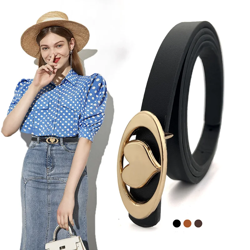 The Latest Designer Fashion Women's Thin Belt Love Heart Golden Alloy Buckle High Quality PU Strap With Jeans Dress Waistband