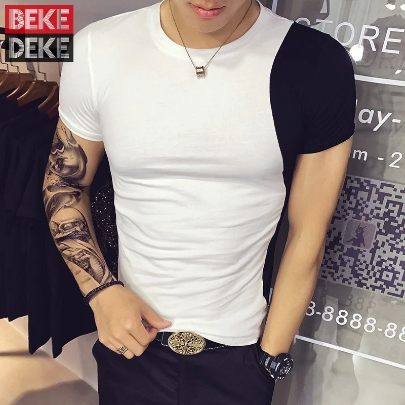 

Mens Harajuku Tight Stretchy T-shirt Summer Short Sleeve Slim Fit Colors Mixed Black White T-shirts Casual Man Tees Top Pullover