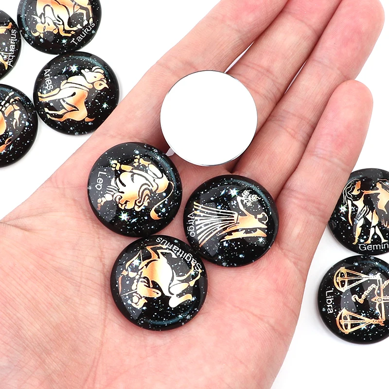 10pcs Twelve Constellations English Notes Pattern 10/12/14/18/20/25mm Round Dark Glass Cabochon For DIY Jewelry Making Necklace