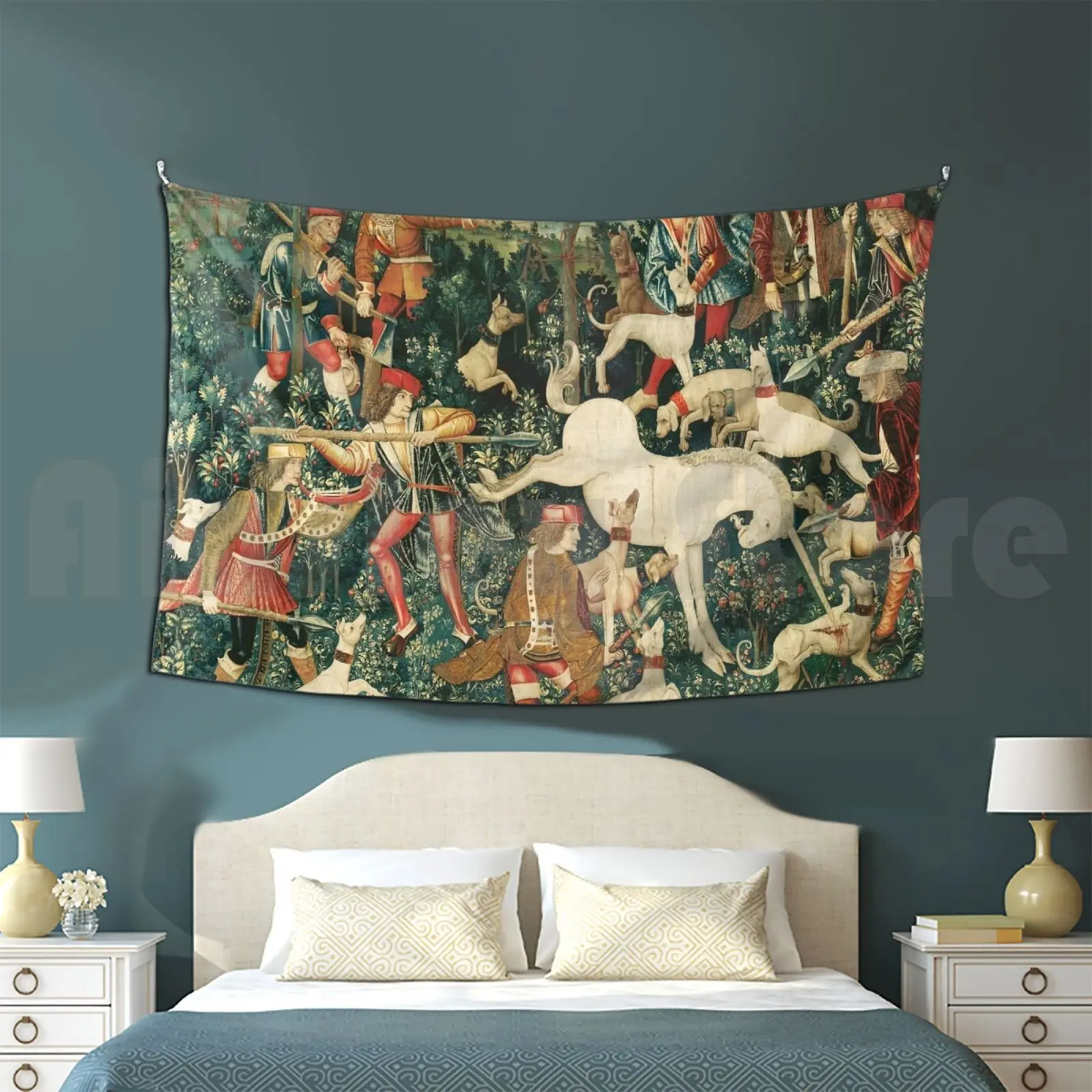 Unicorn Defends Itself / Dogs And Other Animals , Green Floral Customized Tapestry Fantasy Unicorn Magic