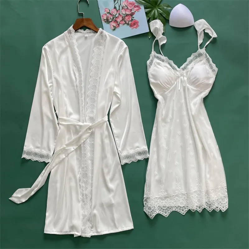 

Women Summer Solid Color 2PCS Silk Satin Lace Trim Sexy Nightgown Robe Sets Bathrobe Sleepwear Home Dress Nightdress