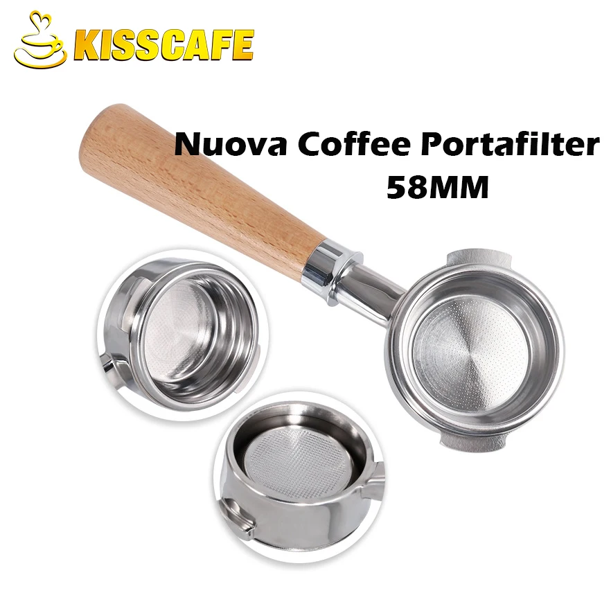 

58MM Stainless Steel Double-Ears Coffee Bottomless Solid Wood Handle Portafilter Universal Nuova Machine Espresso Barista Tools