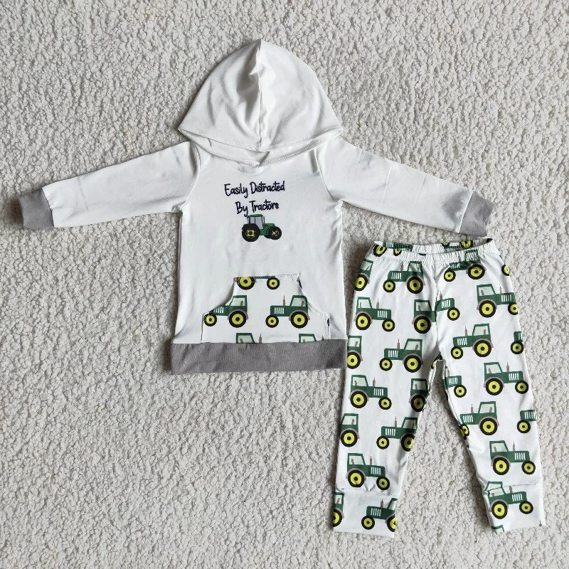 

Wholesale Fashion Sportswear Boutique Kids White Hoodie Clothes Sweater Set Baby Toddler Girl Boy Tractor Outfit Children Pants