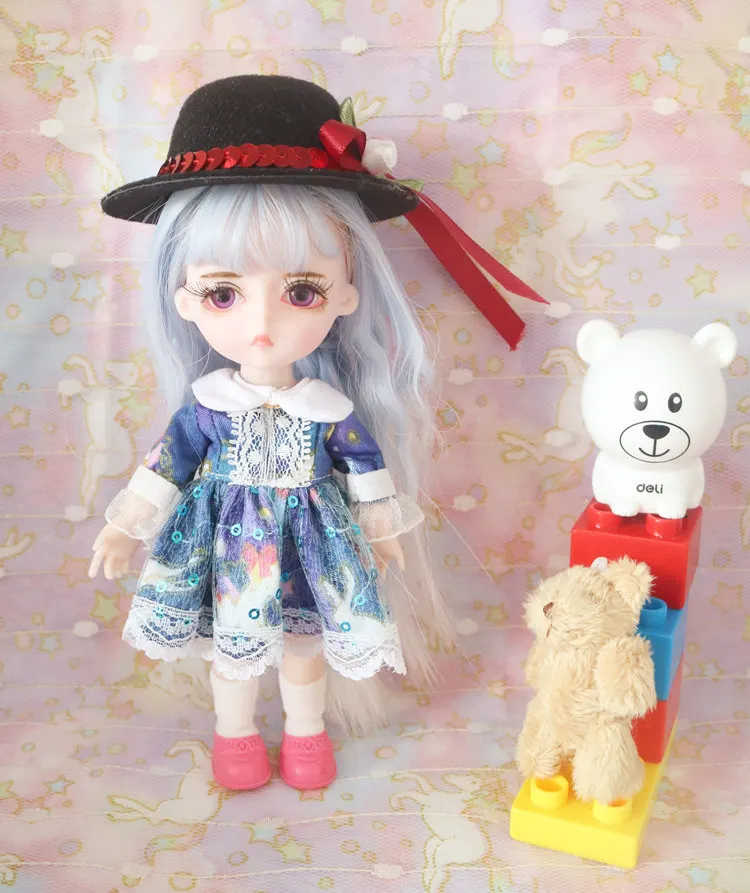1/8 Scale 16CM BJD Cute Princess Doll With Wig & Clothes Full Set OB11 Joint Body Mini Figure Doll Model Toy Girls Birthday Gift