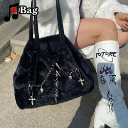 Y2K Chain Plush Shoulder Bags Women Large Capacity Fluffy messenger bag Tote Fashion Female Plus Handbags Underarm bag