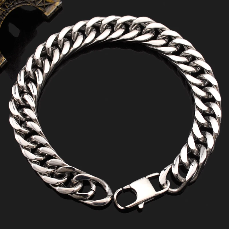 Dolaime Punk Cuban Cut chain Stainless Steel Bracelets men's jewelry Popular Clasical Men Bangle Silver Color Boy Gift GB015