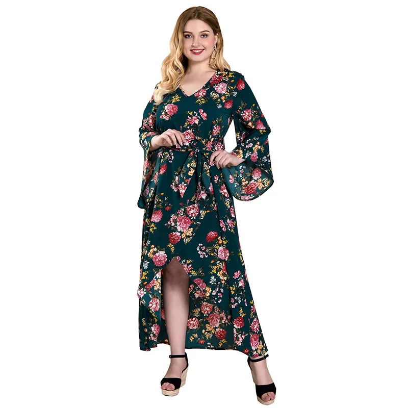 New spring autumn plus size long dress for women large long sleeve loose casual green floral flower belt dress 3XL 4XL 5XL 6XL