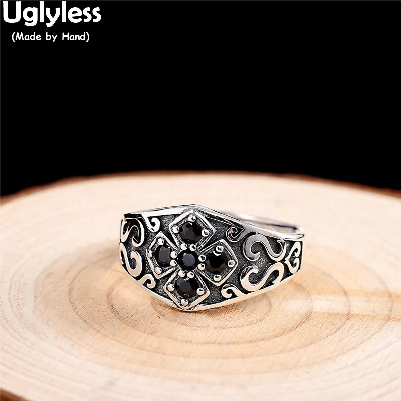 

Uglyless Neutral Black Crystals Cross Rings for Men Women Exotic Thai Silver Totem Patterns Open Rings 925 Silver Retro Jewelry