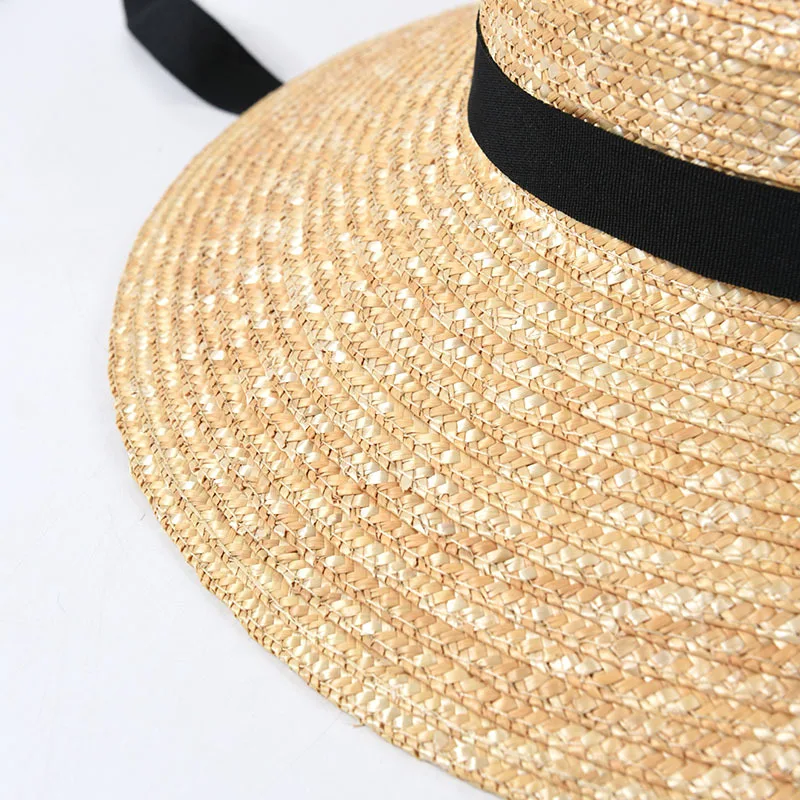 USPOP New French style vintage shallow crown straw hats women straw sun hats long ribbon natural wheat straw beach hat