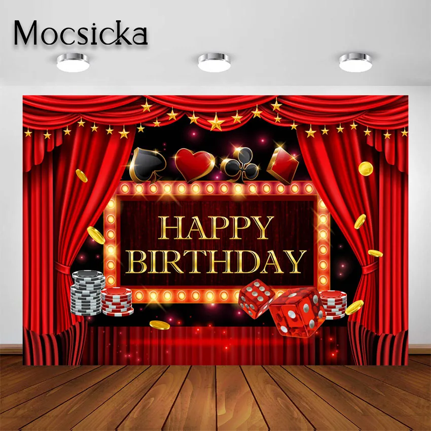 

Mocsicka Las Vegas Casino Night Backdrop for Birthday Party Photoshoot Casino Poker Red Curtains Party Photography Background