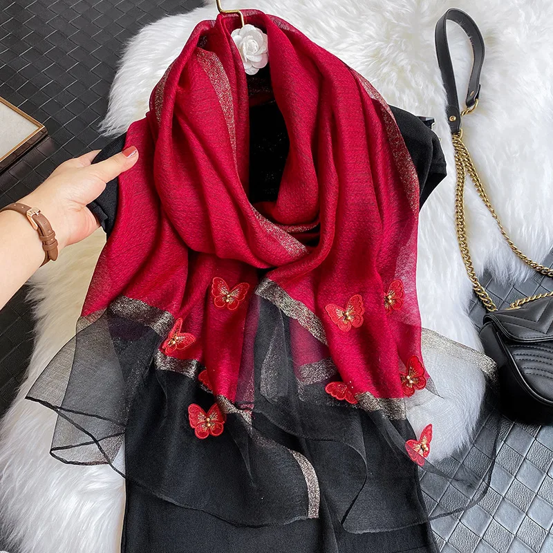 2024 Real Winter Hijab Winter New Silk Wool Scarves Women Fashion Embroidery Butterfly Beads Warm Long Shawl Solid Color Scarf
