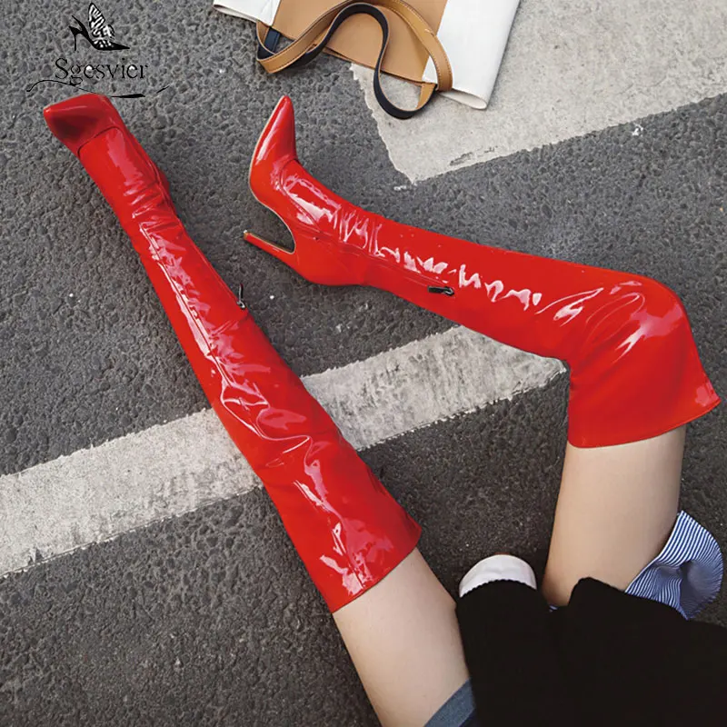 

Sexy Mirror Leather Thigh High Boots Women High Heels Over The Knee Boots For Women Point Toe White Red Fetish Party Long Shoes