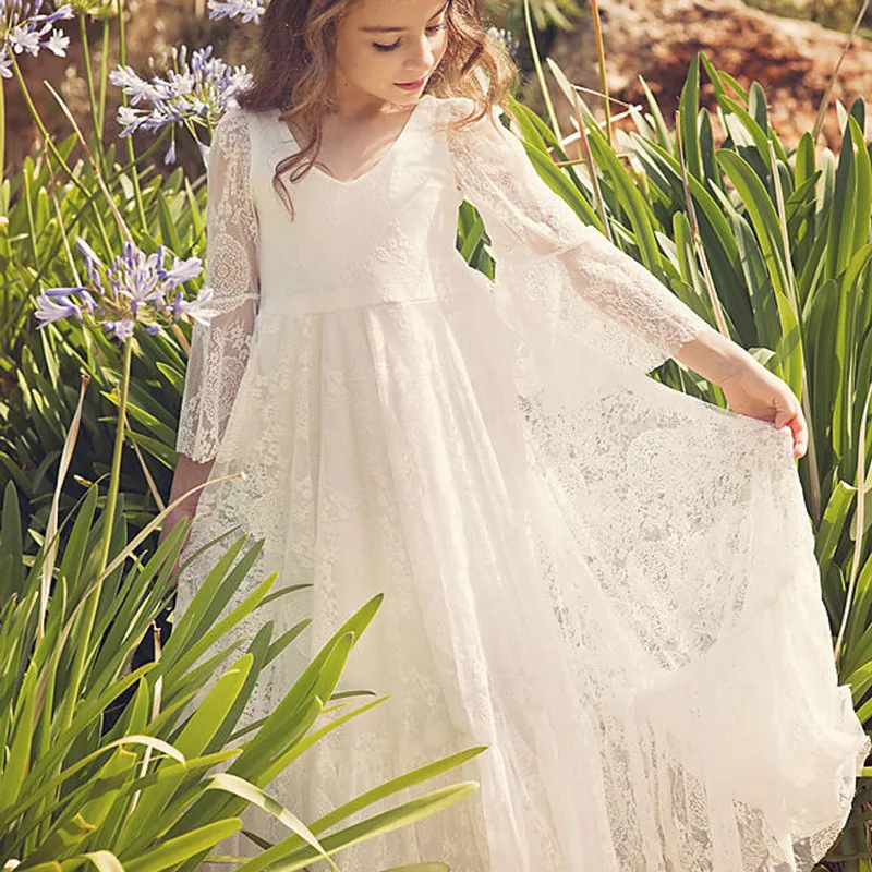 Girl Evening Party Long Lace Dress 5-14Y Girl Formal School Ceremony Outfit Kids Christening Costume White first Communion Dress