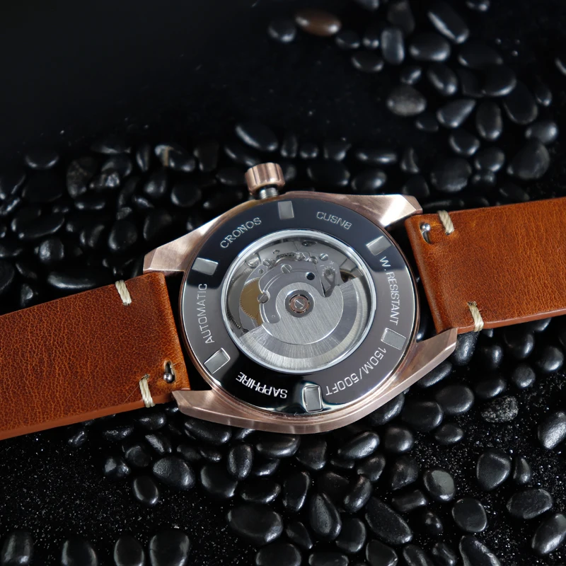 Cronos Diver Men Watch Bronze CuSn8 Automatic PT5000 SW200 Sapphire Crystal See through Back Leather Strap 20ATM DATE L6003