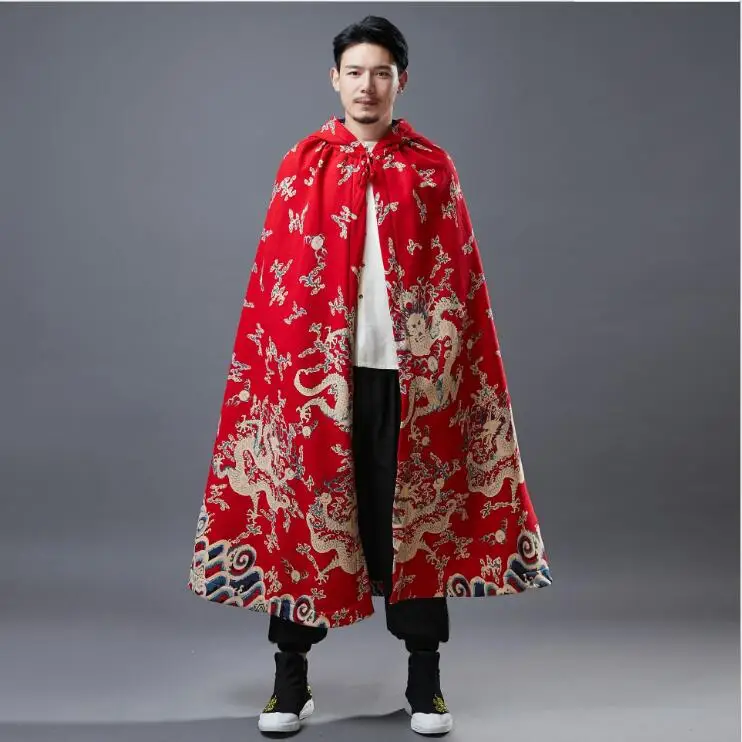 Oriental Dragon printed Plush Cape spring  Autumn Chinese style clothing  Hemp cotton Cloack ancient costume for Overseas Asian