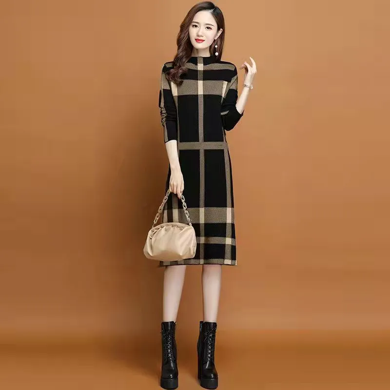 Women's Plaid Patchwork Turtleneck Sweater, Casual Pullover, Female Clothes, Bottom, Knee-Length, Spring, Autumn, New, 2024