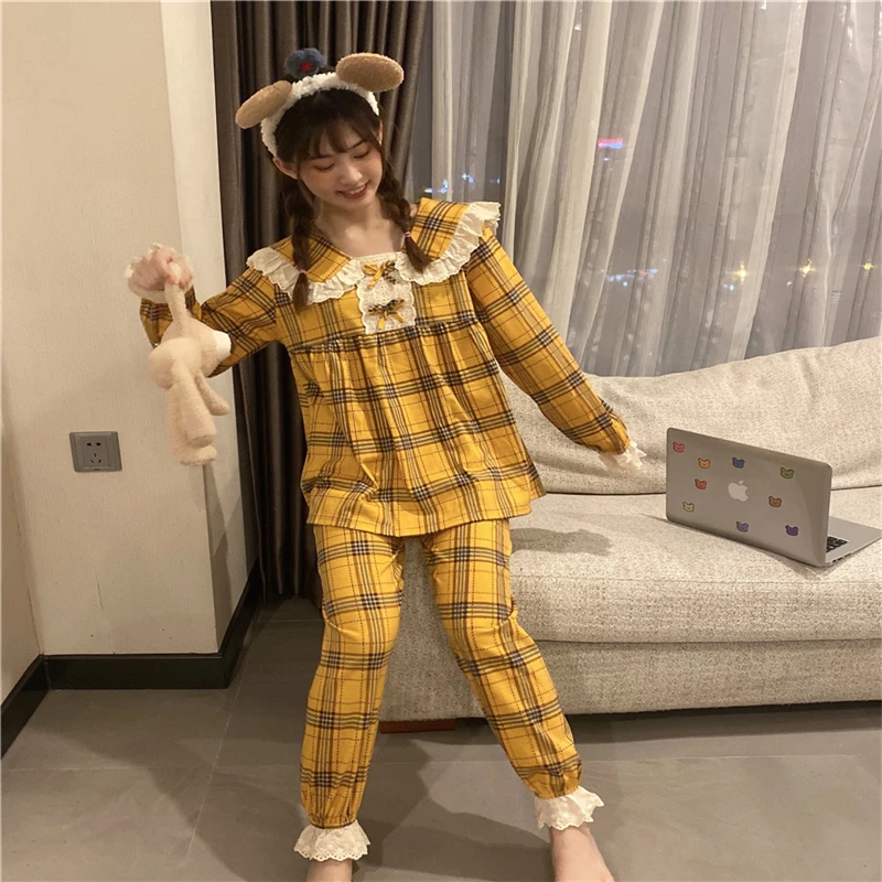 Women Pajamas Sets With Pants Long Sleeve Sexy Nightwear Pyjama Cute Casual Plaid Top+pants Pijama Luxury Brand Nightgowns