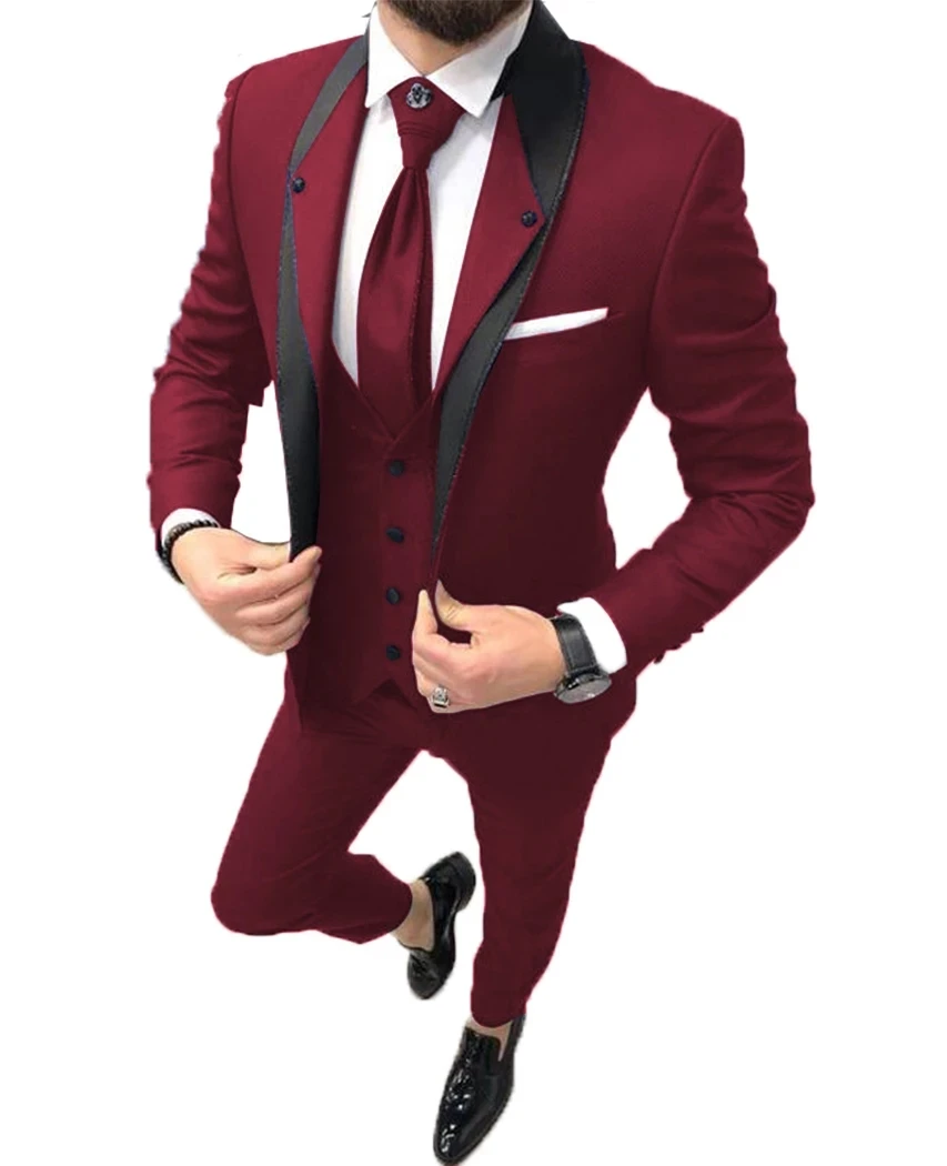 

2024 Burgundy Fashion Formal Men Wedding Suits For Men Costume 3 Piece Shawl Lapel Groom Suits Wedding Tuxedos Jacket+Pants+Vest